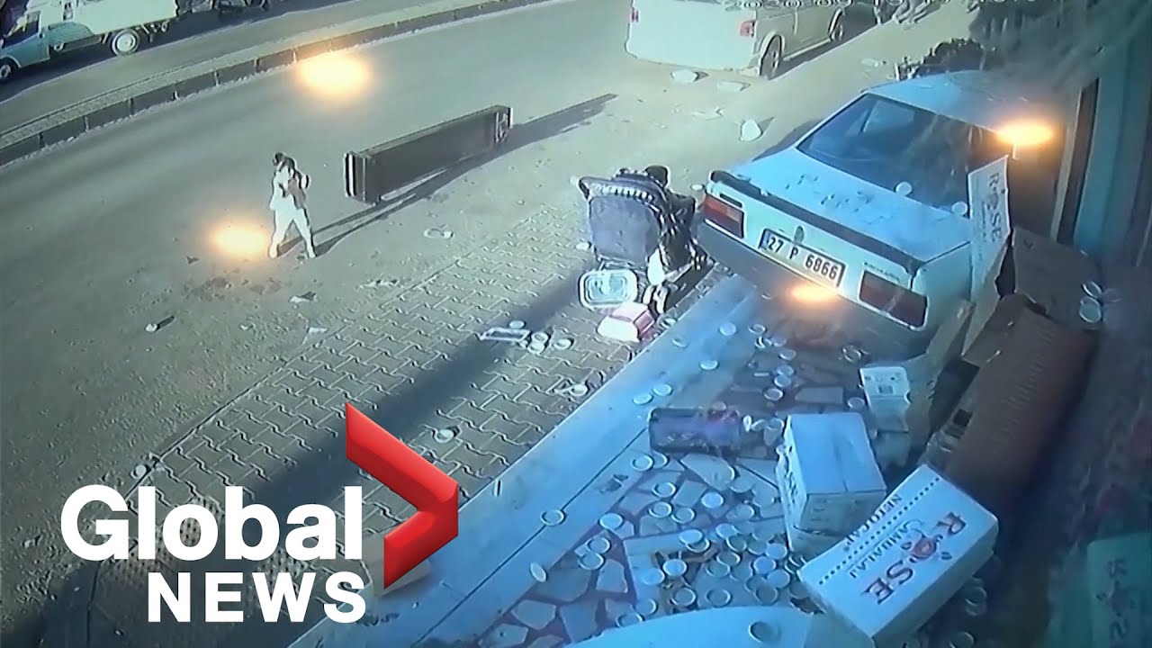 CCTV footage shows moment driver crashes into Turkish shop, narrowly ...