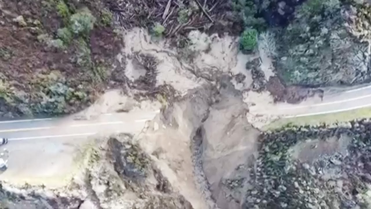 Aerials Chunk of California's iconic Highway 1 collapses after storm