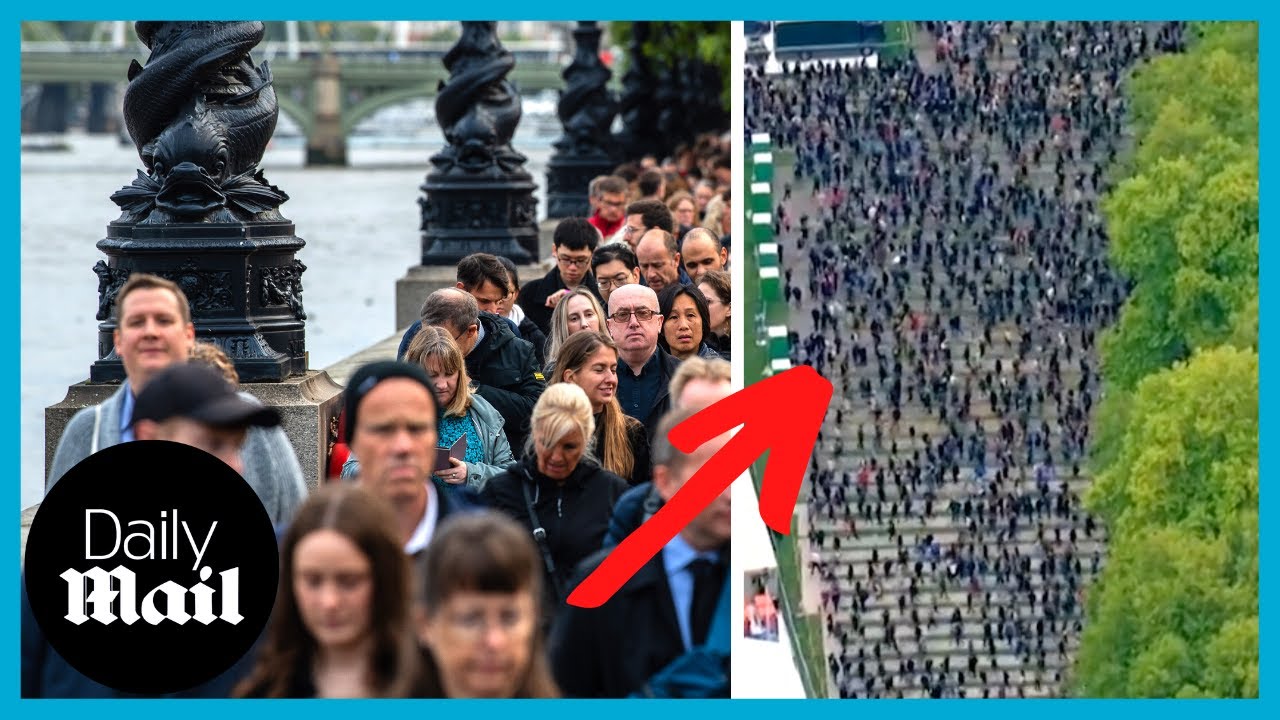 Thousands queue for miles to see Queen Elizabeth II (aerial view) - The ...