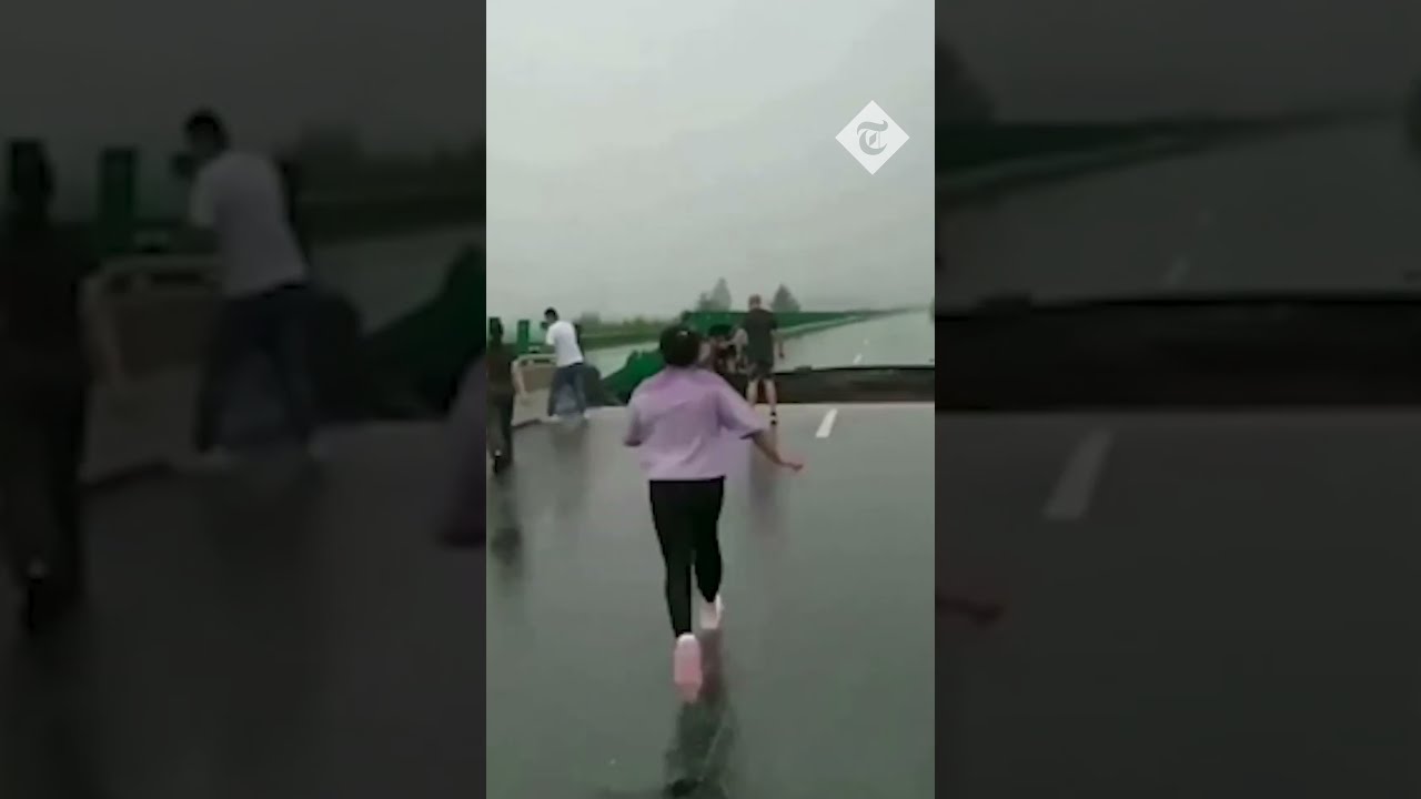 Moment cars fall into void left by a collapsed bridge near Beijing amid ...
