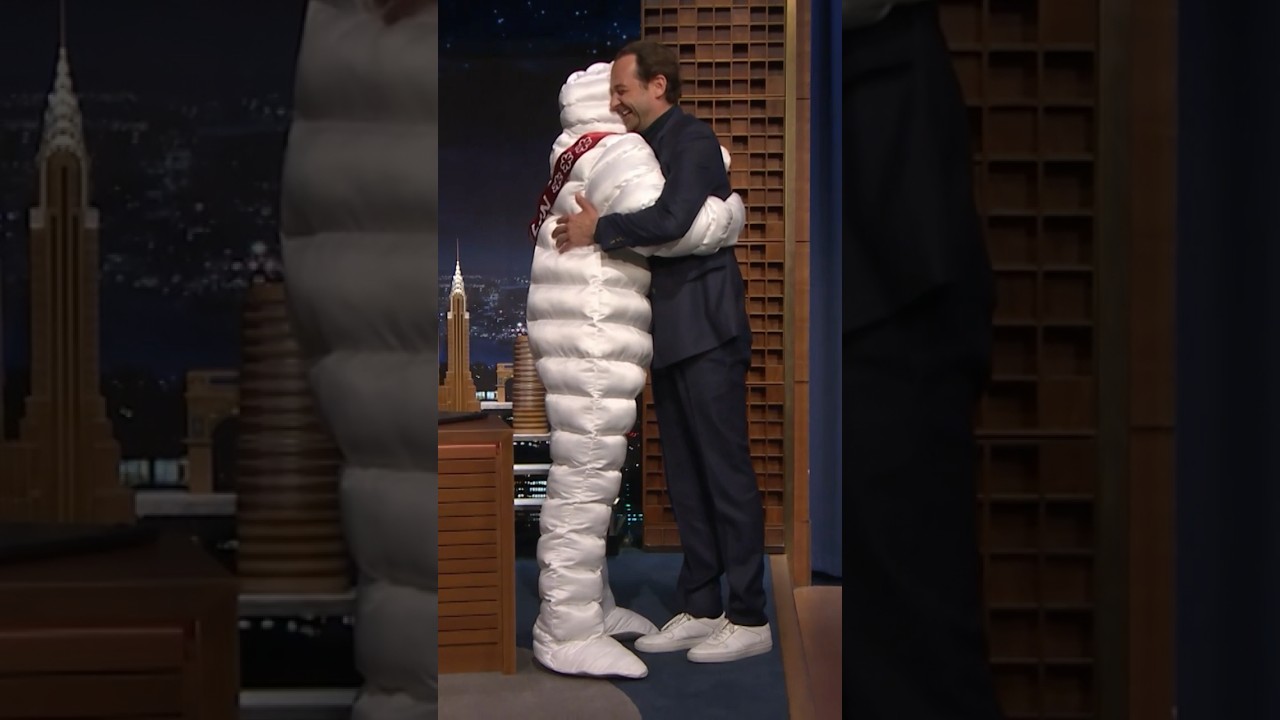 Jimmy surprises Chef DanielHumm by dressing as the Michelin man! 